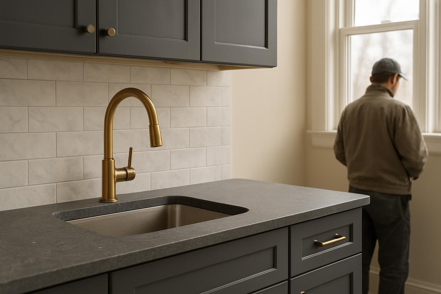 Grey stone countertop and tile backsplash