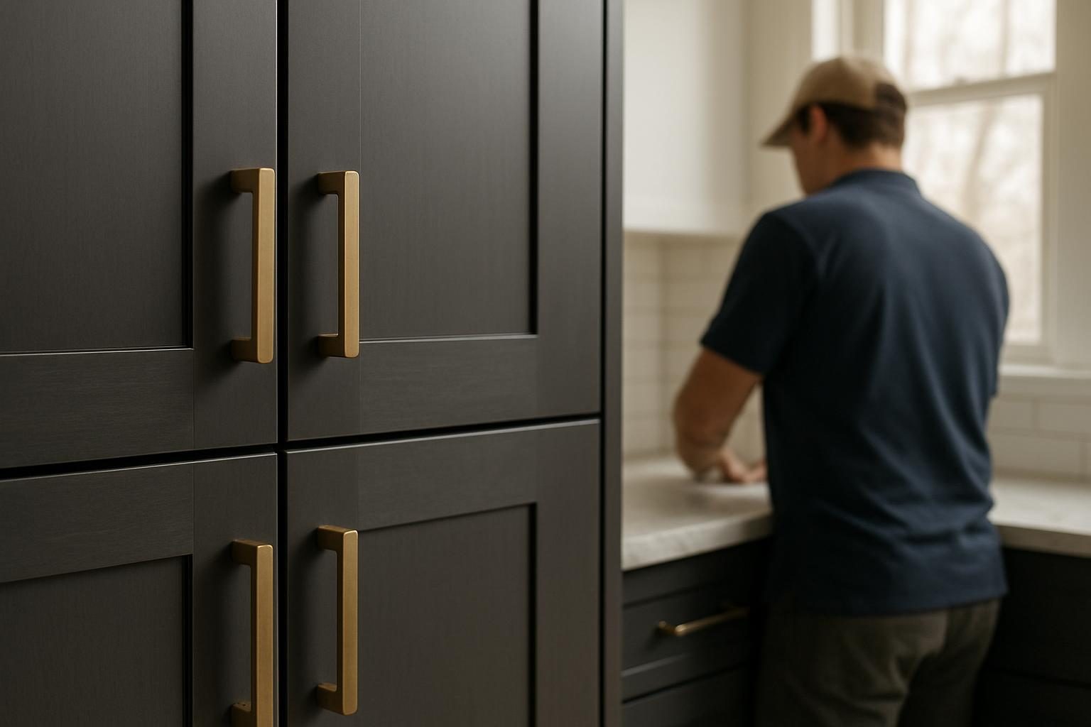 Charcoal cabinet doors with bronze pulls