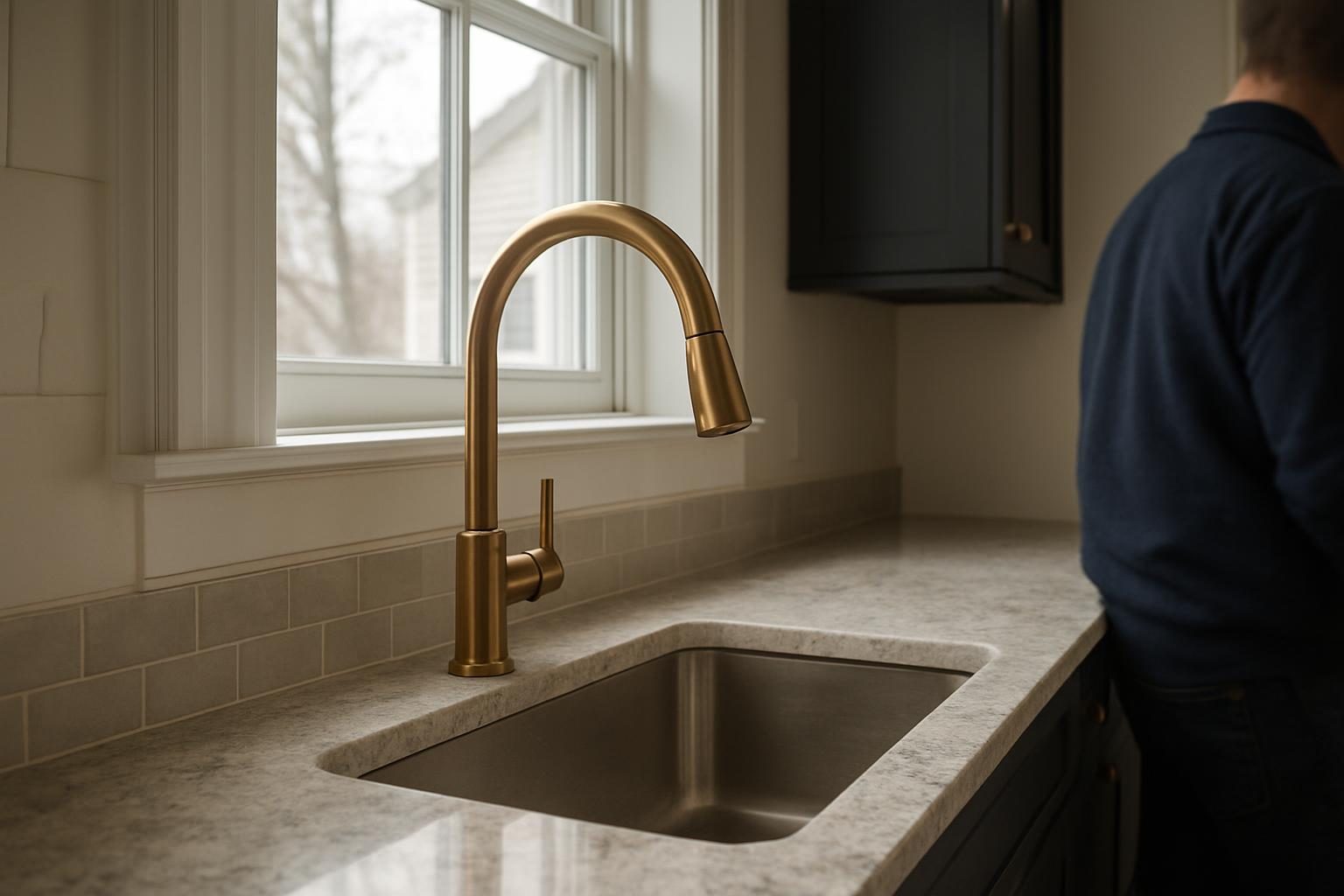 Bronze faucet over a deep sink