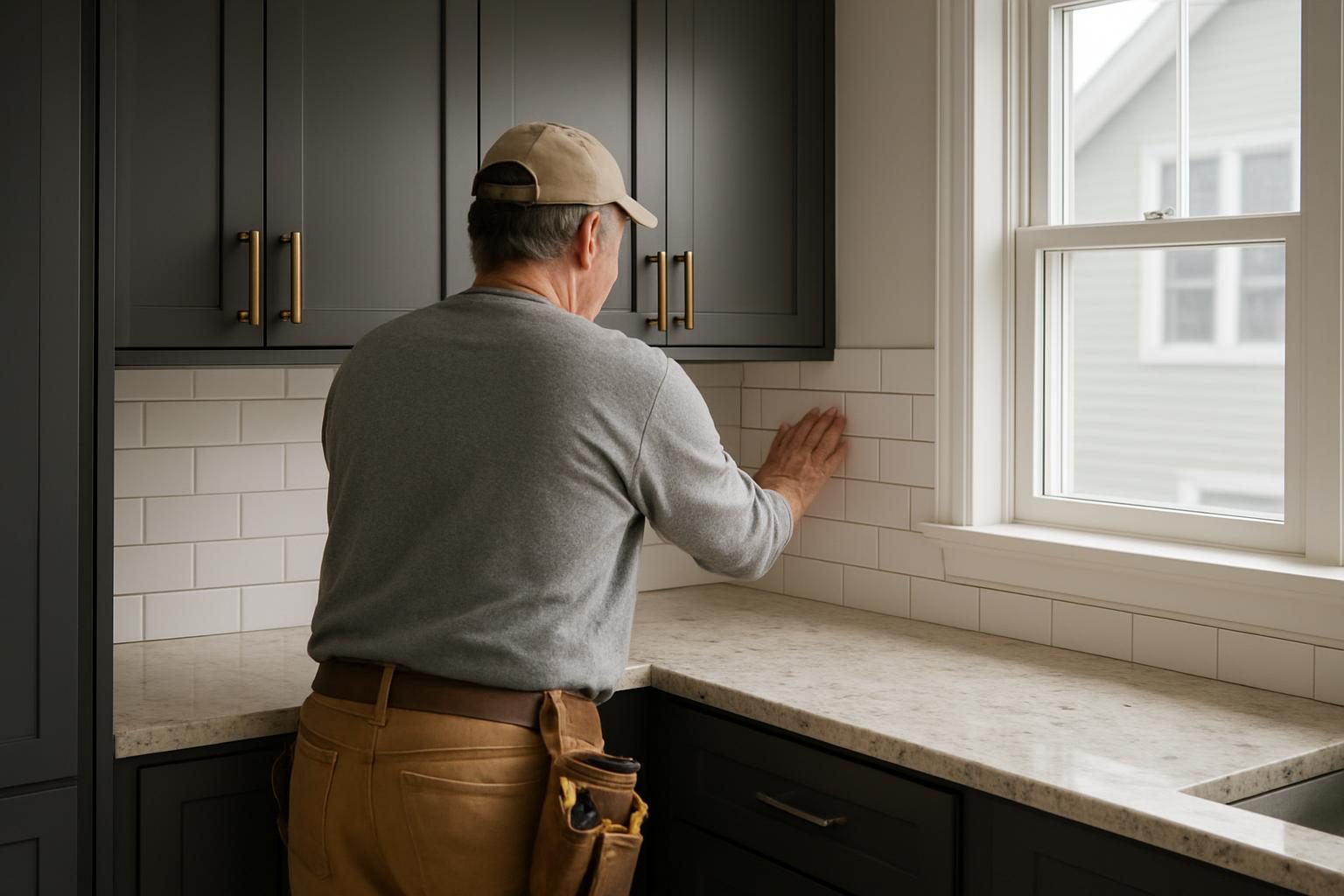 A tiler, seen from behind, setting white tile above a counter