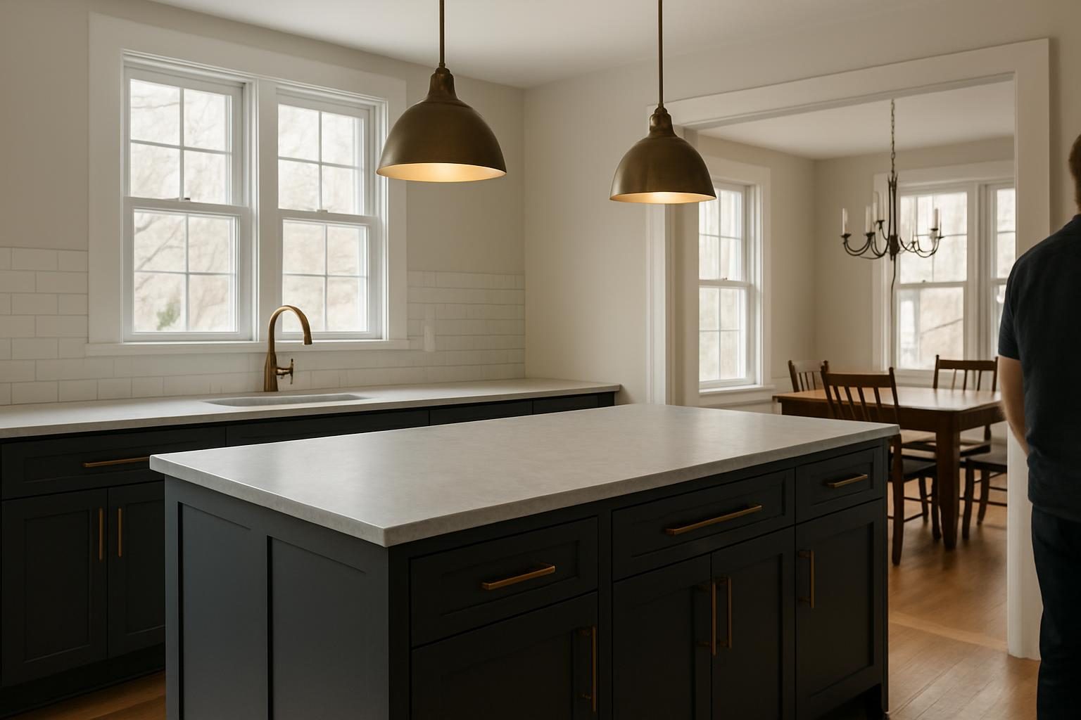 A charcoal kitchen island with a grey stone top and bronze pulls under two pendant lights in an opened-up split-level kitchen