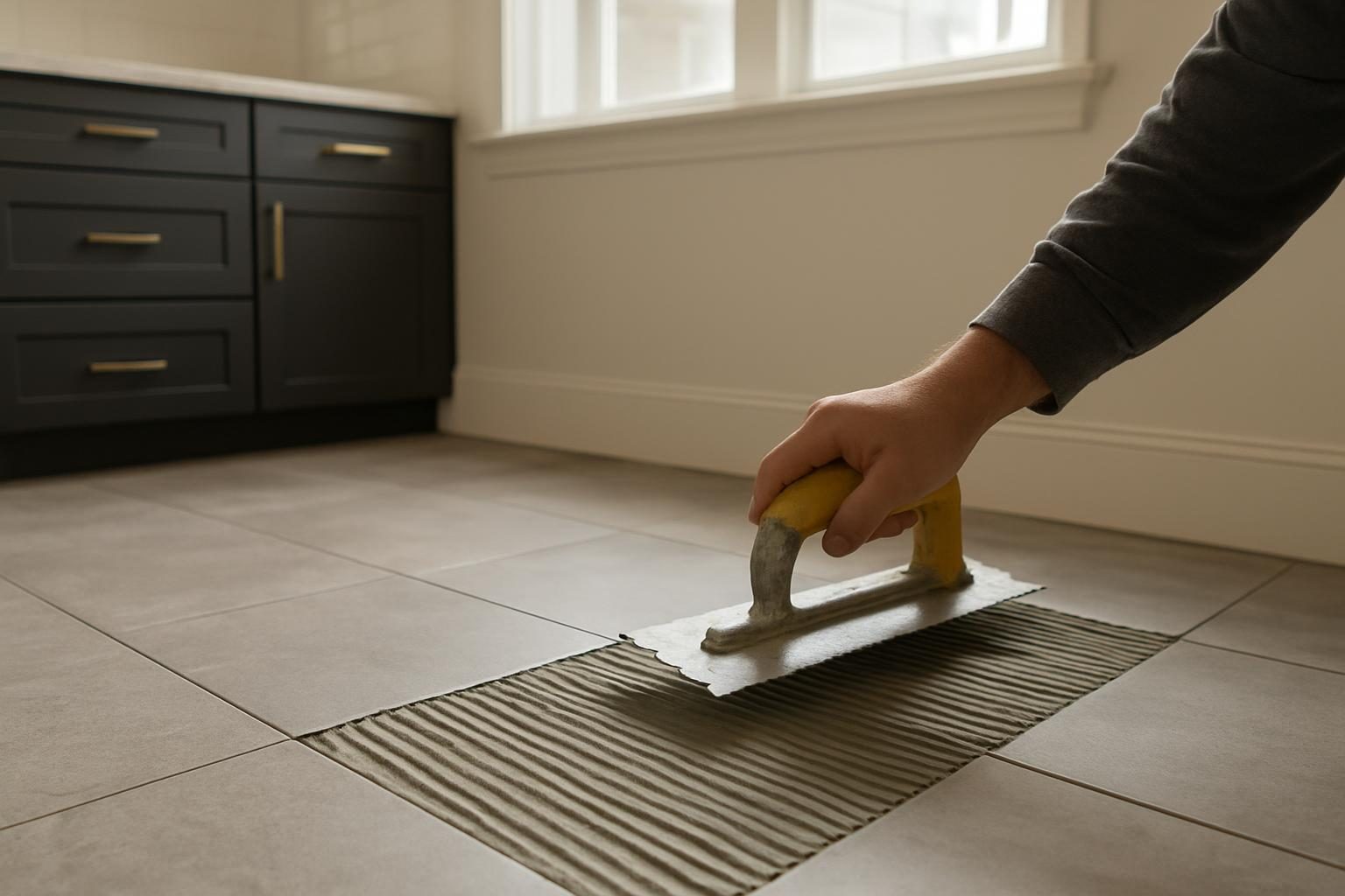 Grey porcelain floor tiles set in thinset on a kitchen floor