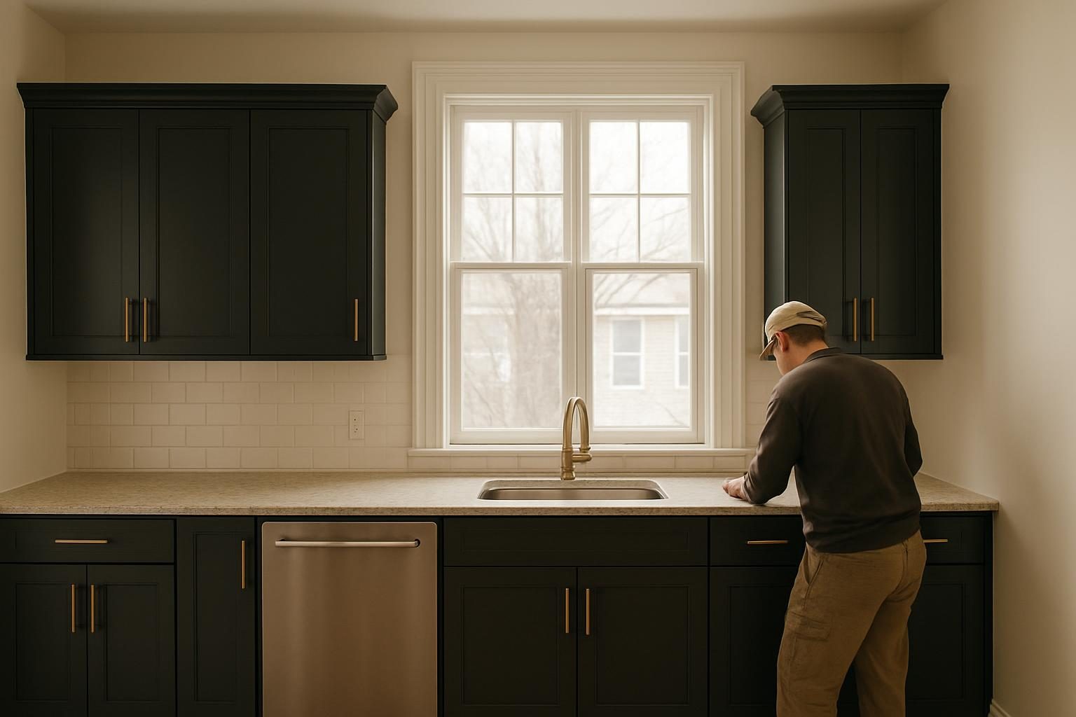 Kitchen in a Melrose Victorian with charcoal cabinets and bronze hardware