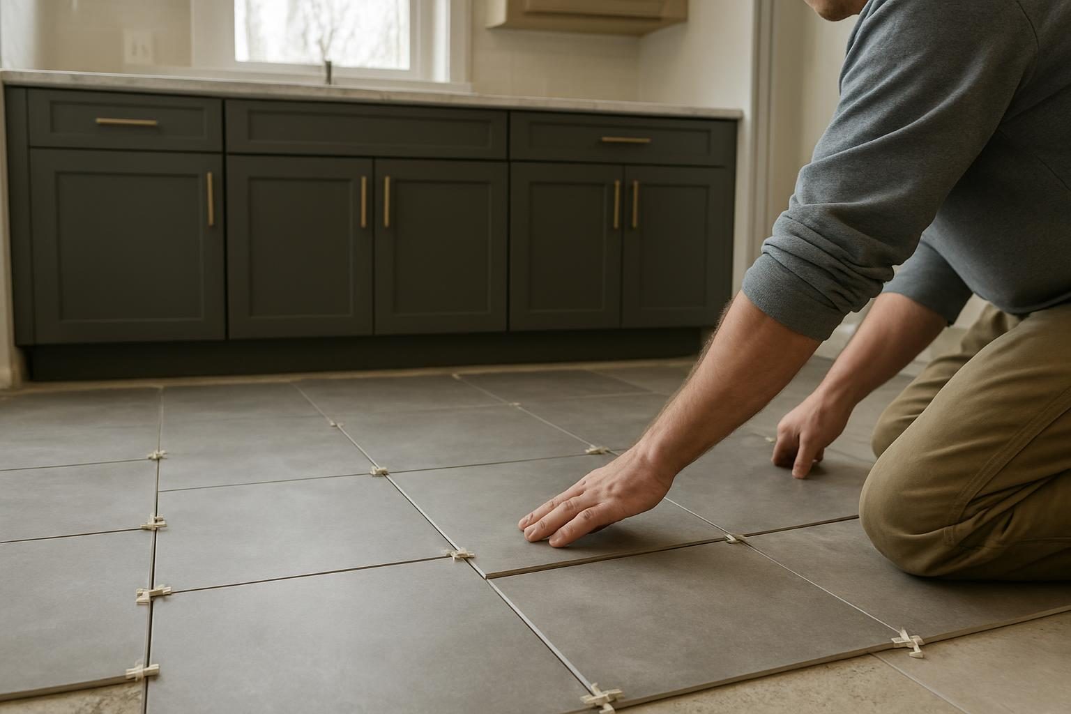 Grey porcelain floor tiles with spacers on a kitchen floor
