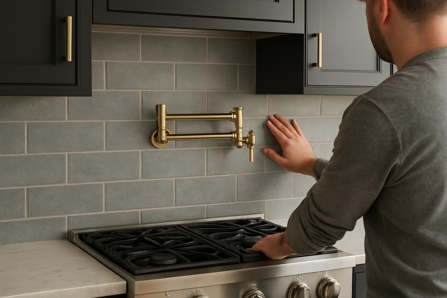 Grey tile backsplash behind a range