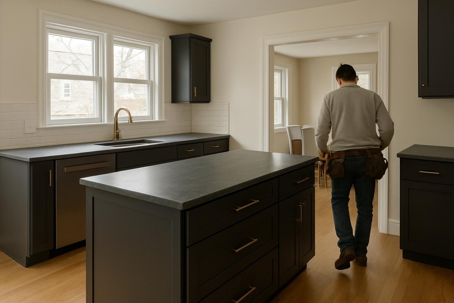 An open kitchen and dining room with a charcoal island and grey stone counter in soft daylight