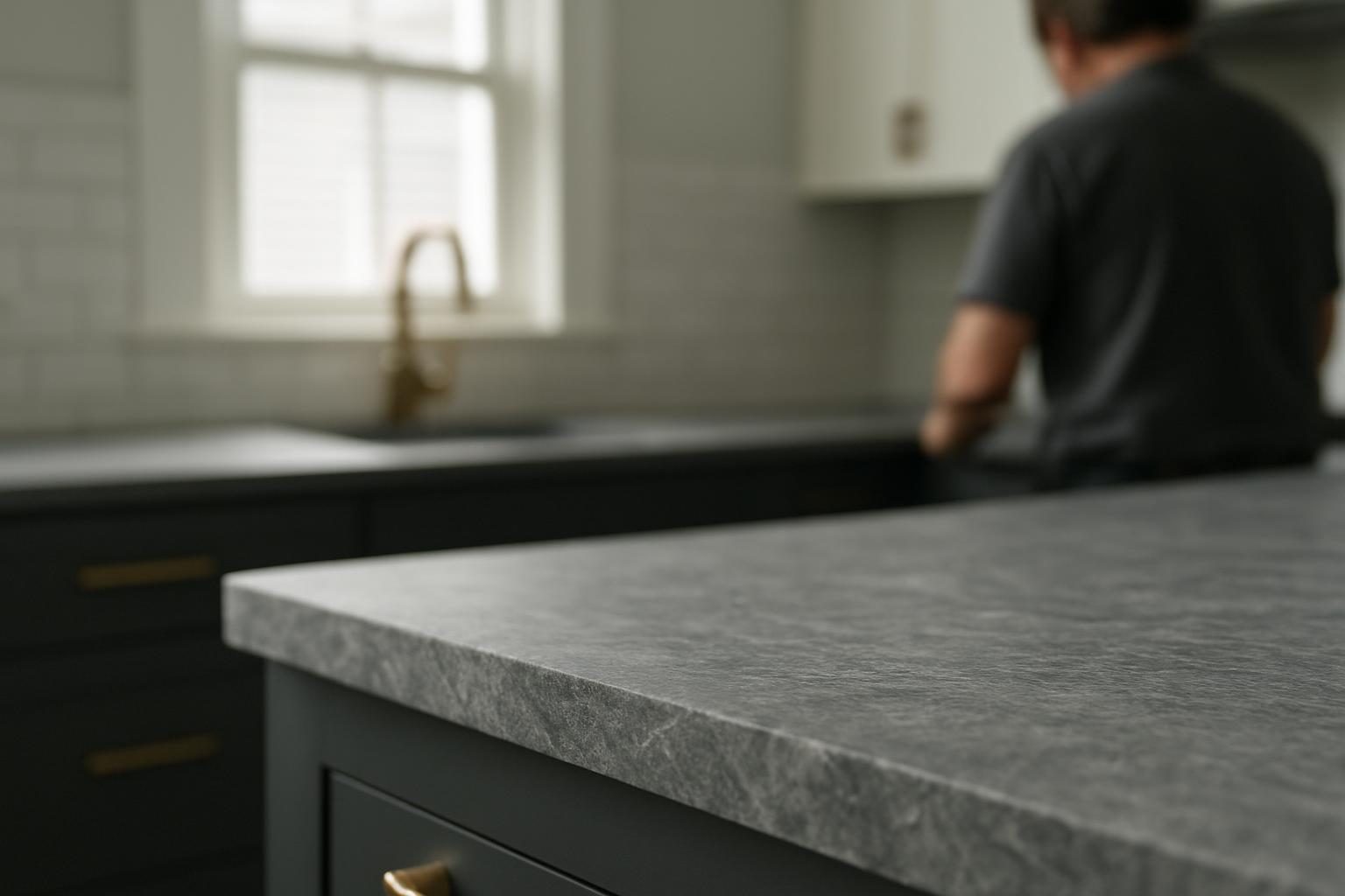 Stone countertop edge in soft grey