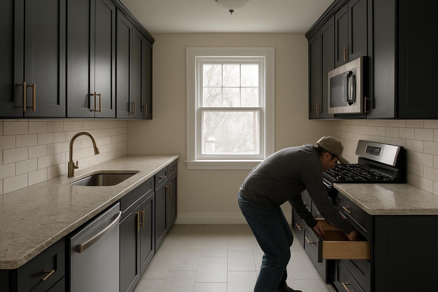 Charcoal-cabinet kitchen with bronze hardware in an older Watertown two-family