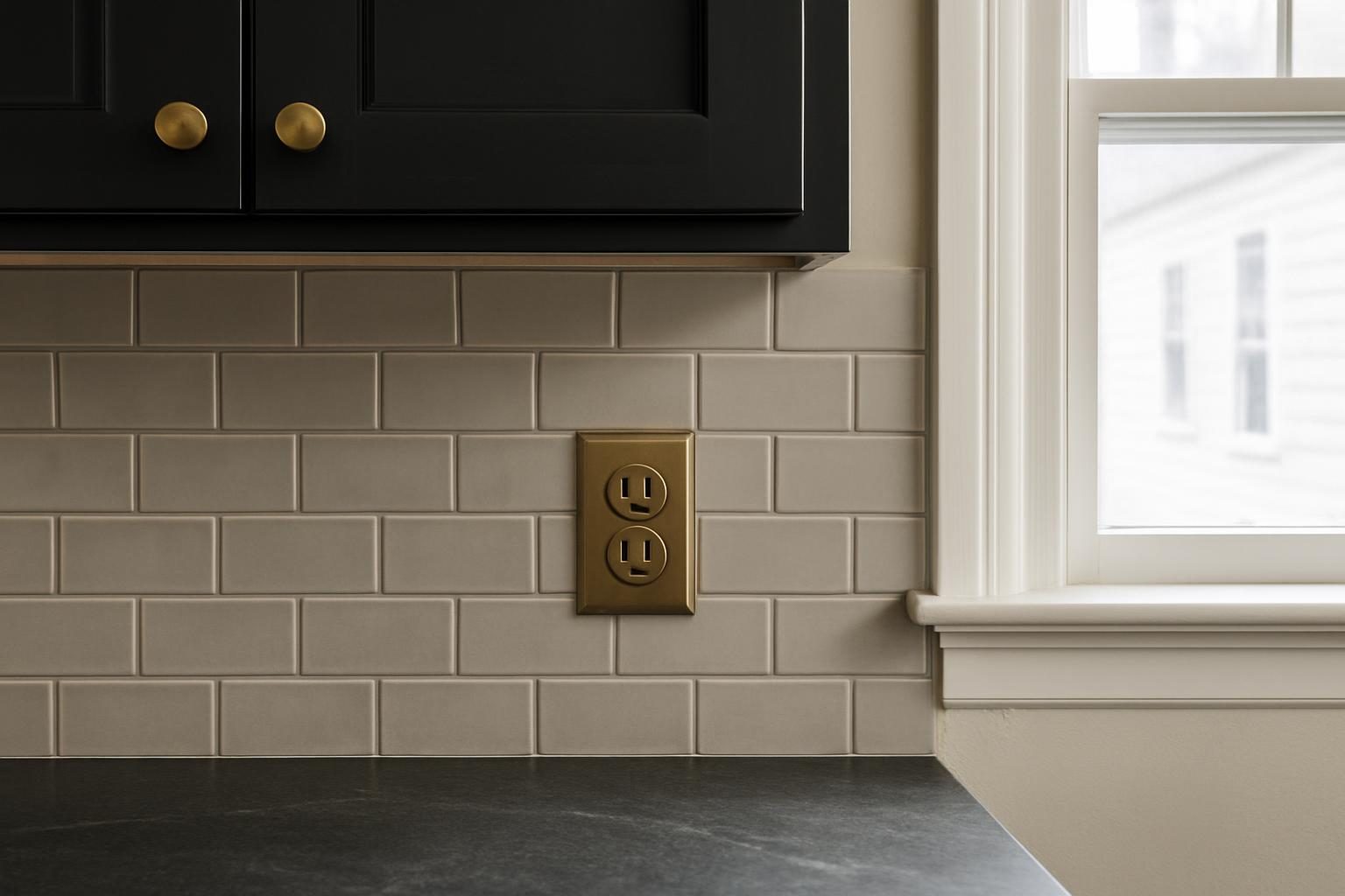 Grey ceramic tile backsplash between a dark stone countertop and charcoal cabinets, lit by window daylight