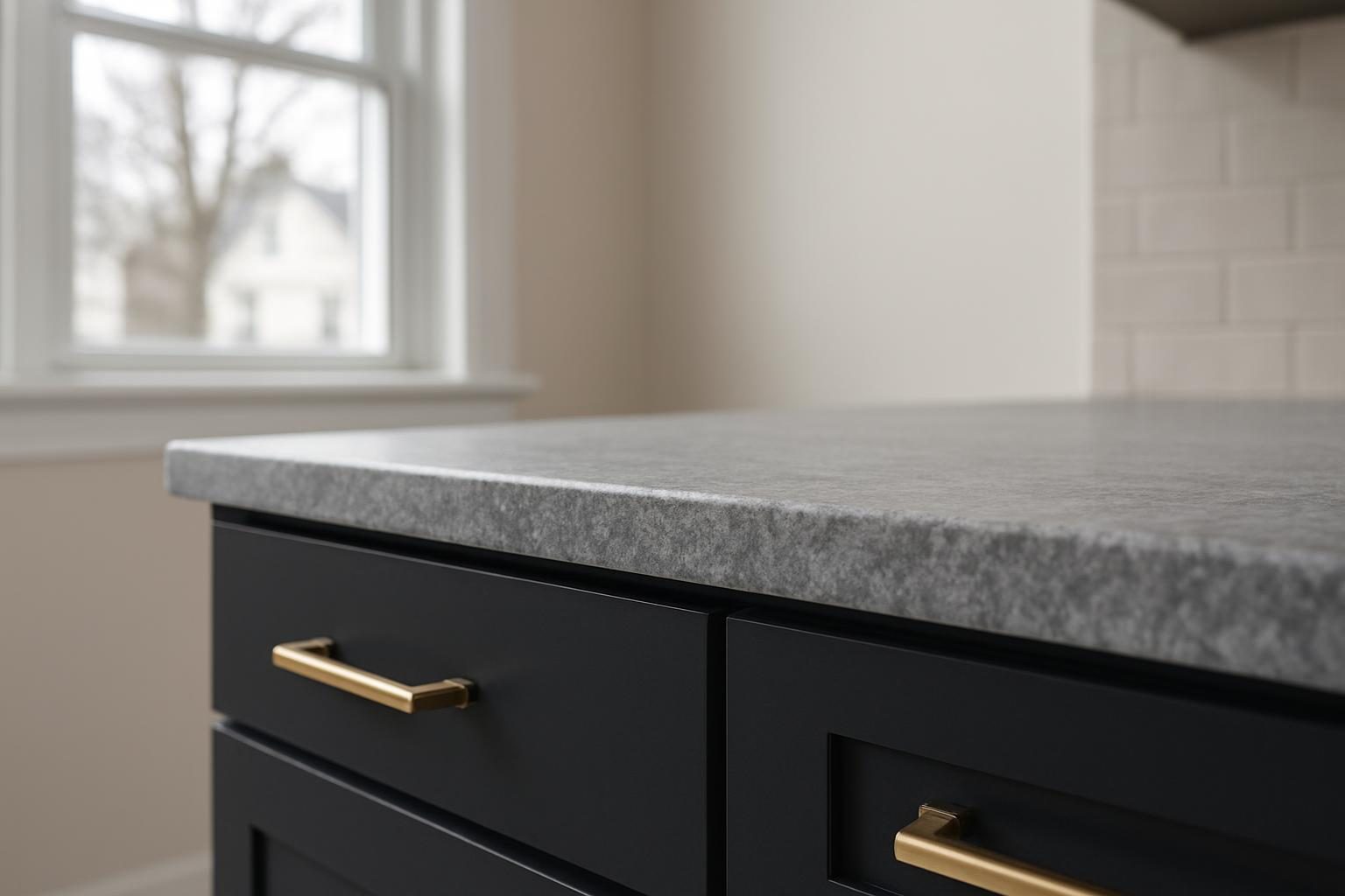 Grey granite countertop edge over charcoal cabinets with bronze pulls, lit by daylight from a window