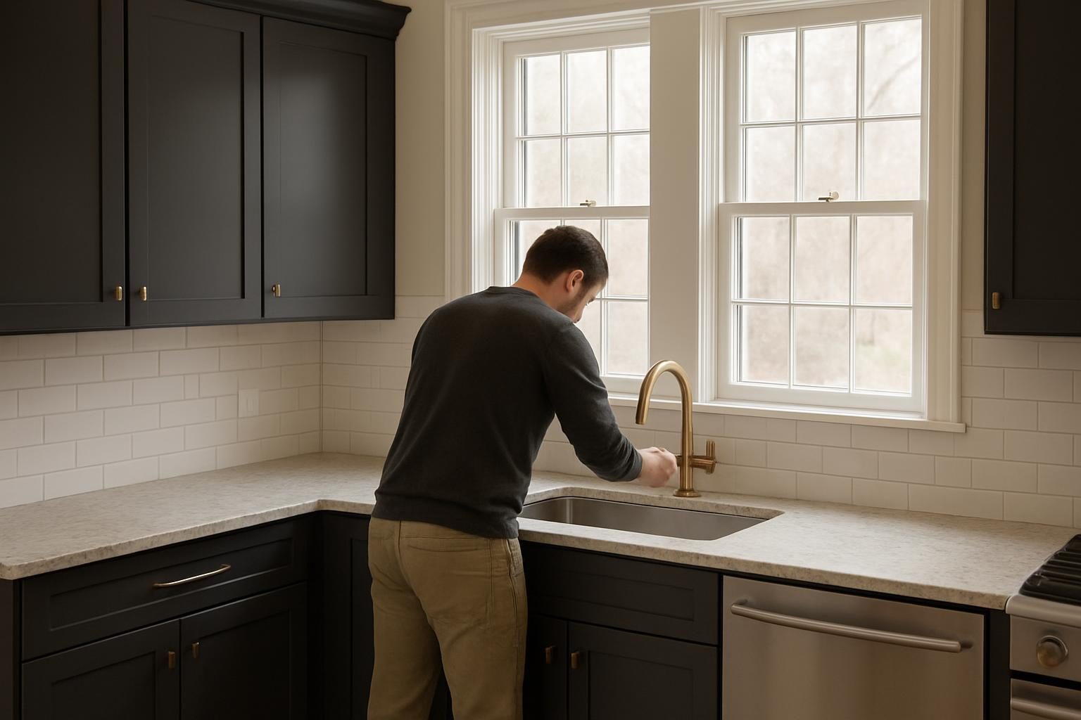 Charcoal-cabinet kitchen with bronze hardware in a Weston colonial