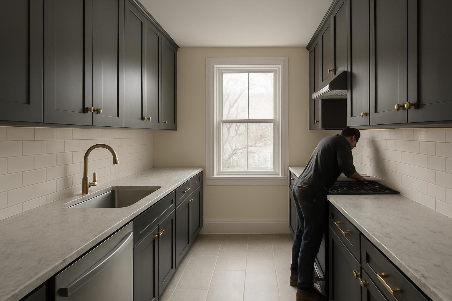 Galley kitchen with charcoal cabinets in a Cambridge triple-decker