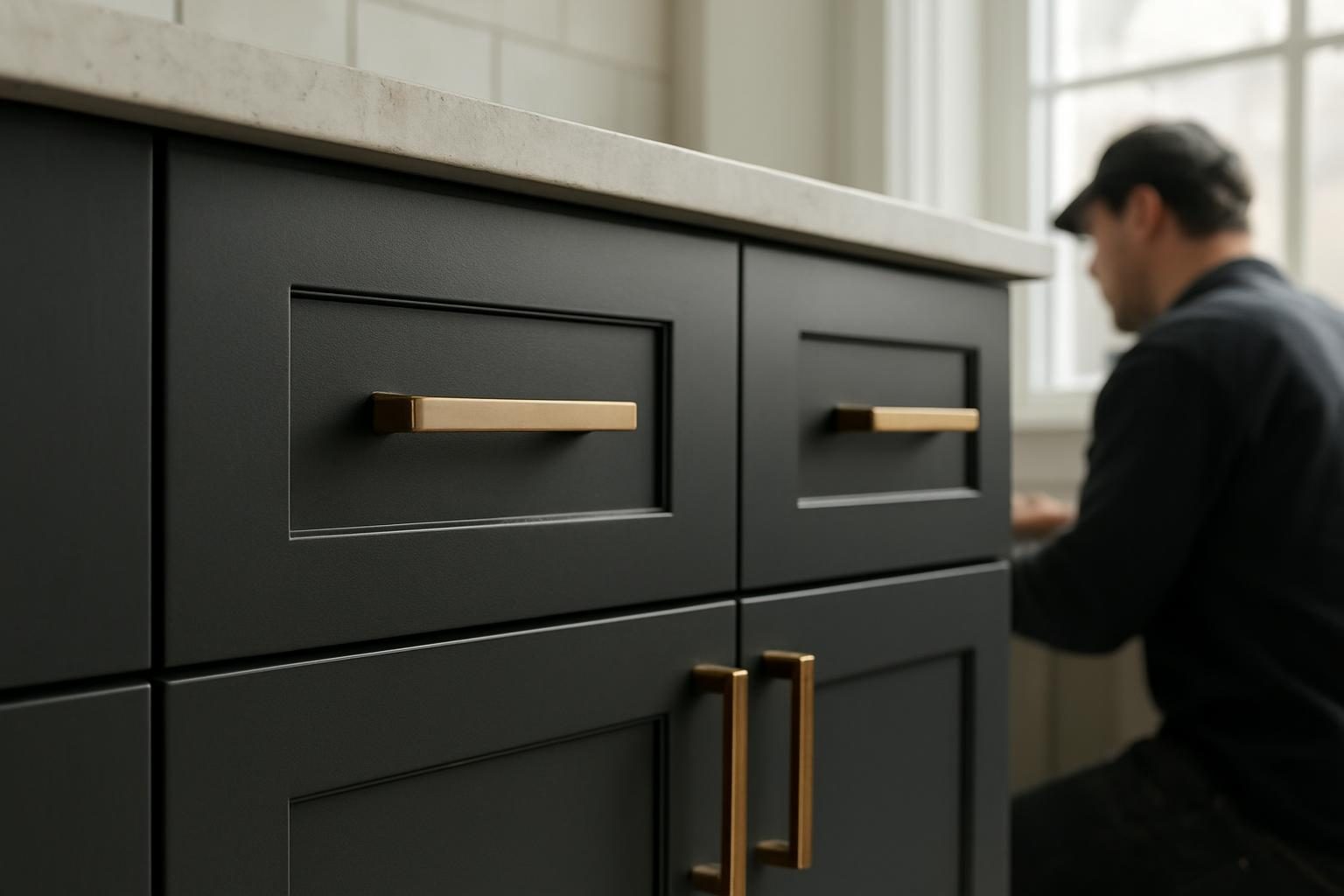Charcoal shaker cabinet doors with brushed bronze pulls