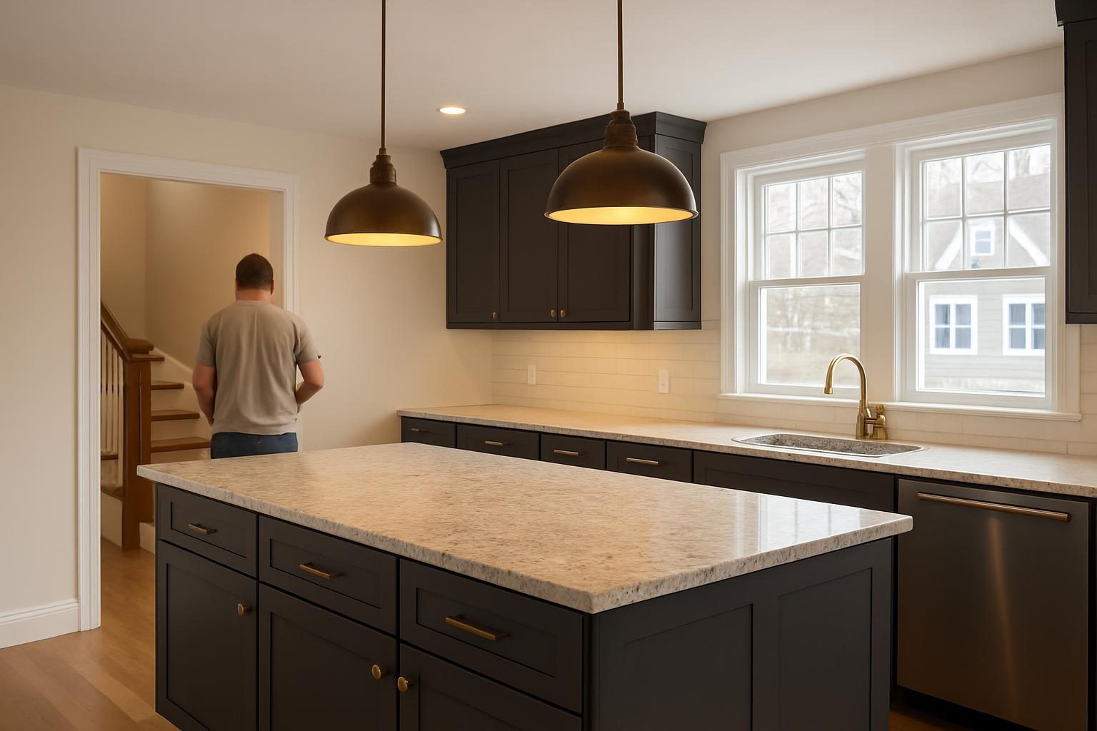 Kitchen island with stone top in an open kitchen