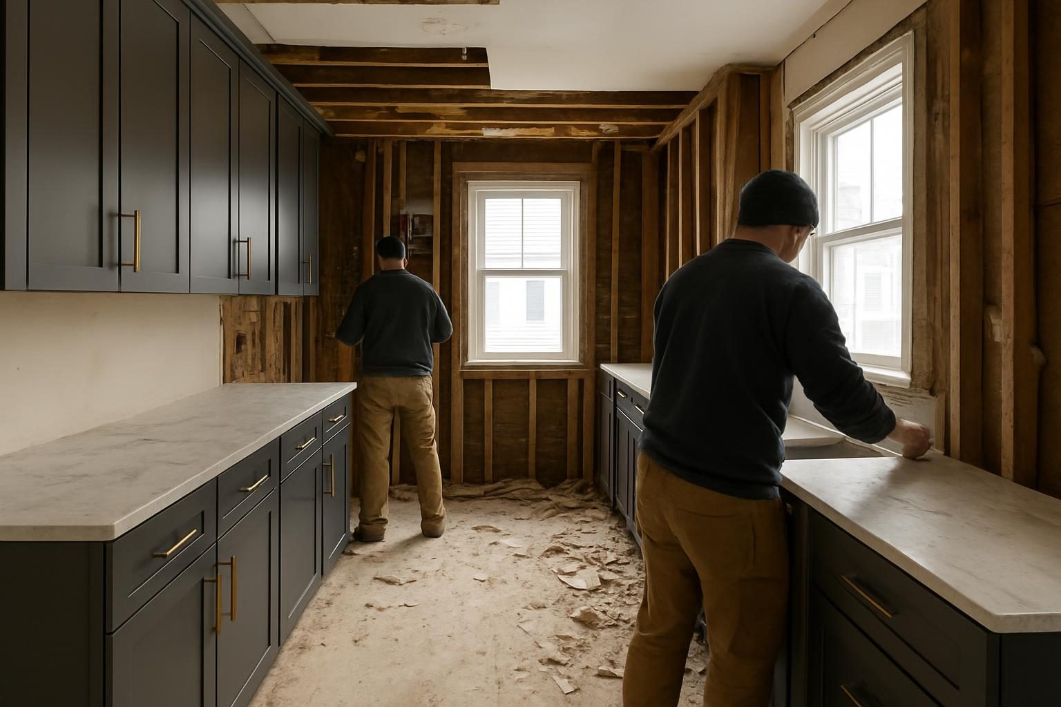 Galley kitchen mid-remodel in a triple-decker