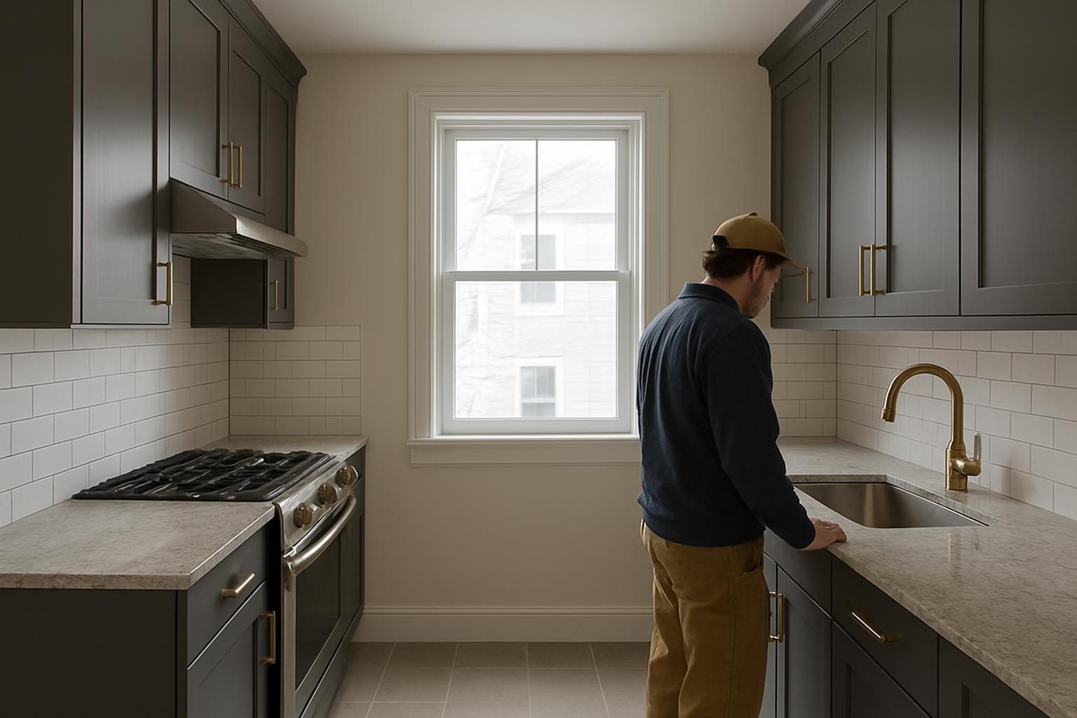 Galley kitchen in a Somerville triple-decker with charcoal cabinets and bronze hardware