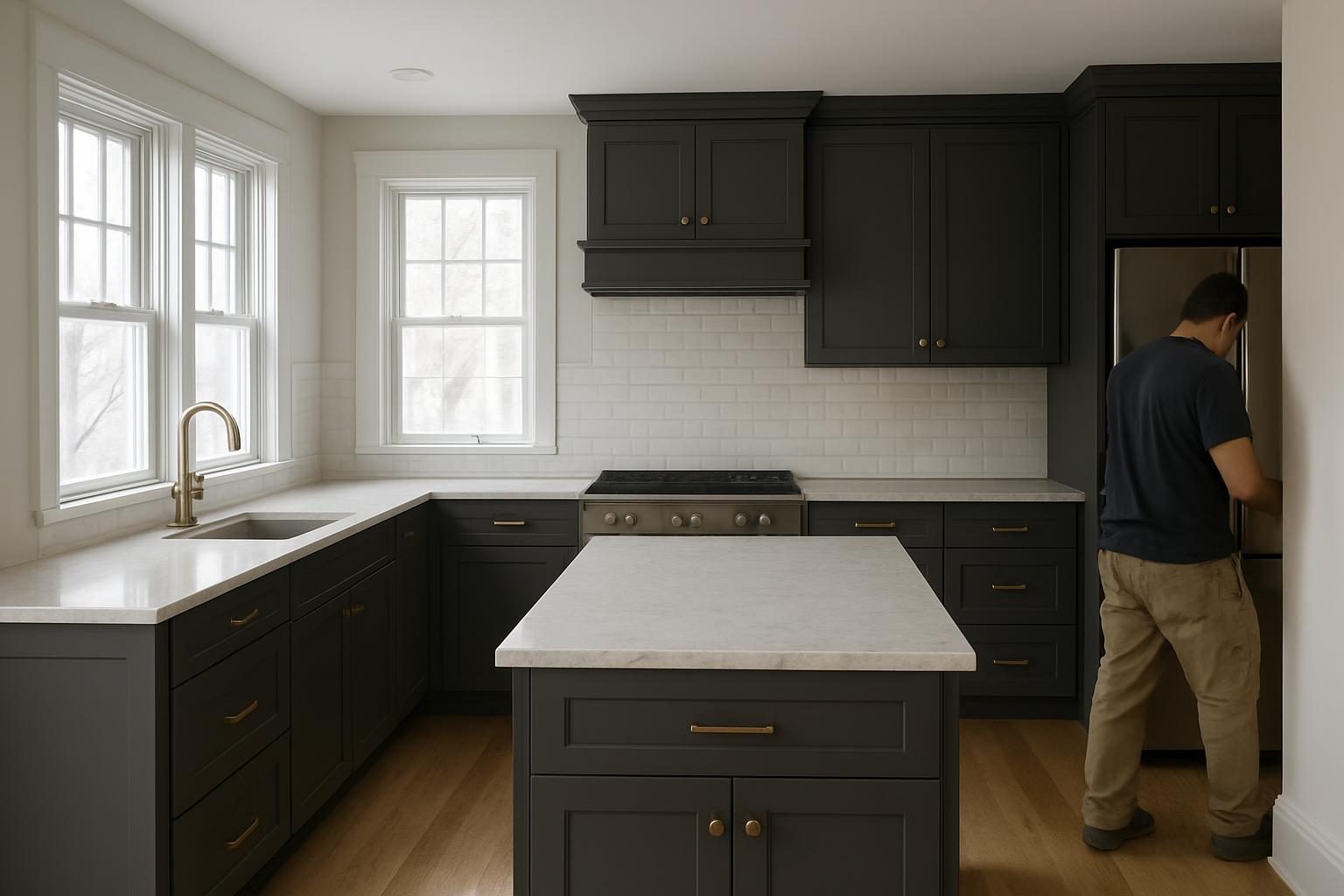 Opened kitchen with island in an older two-family
