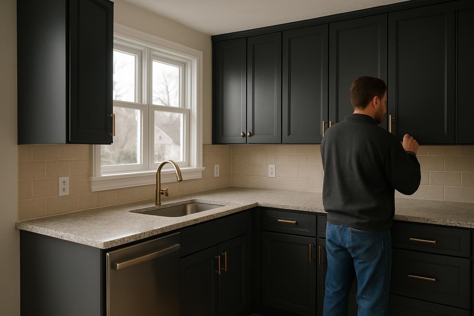 Charcoal-cabinet kitchen in a 1960s Massachusetts ranch