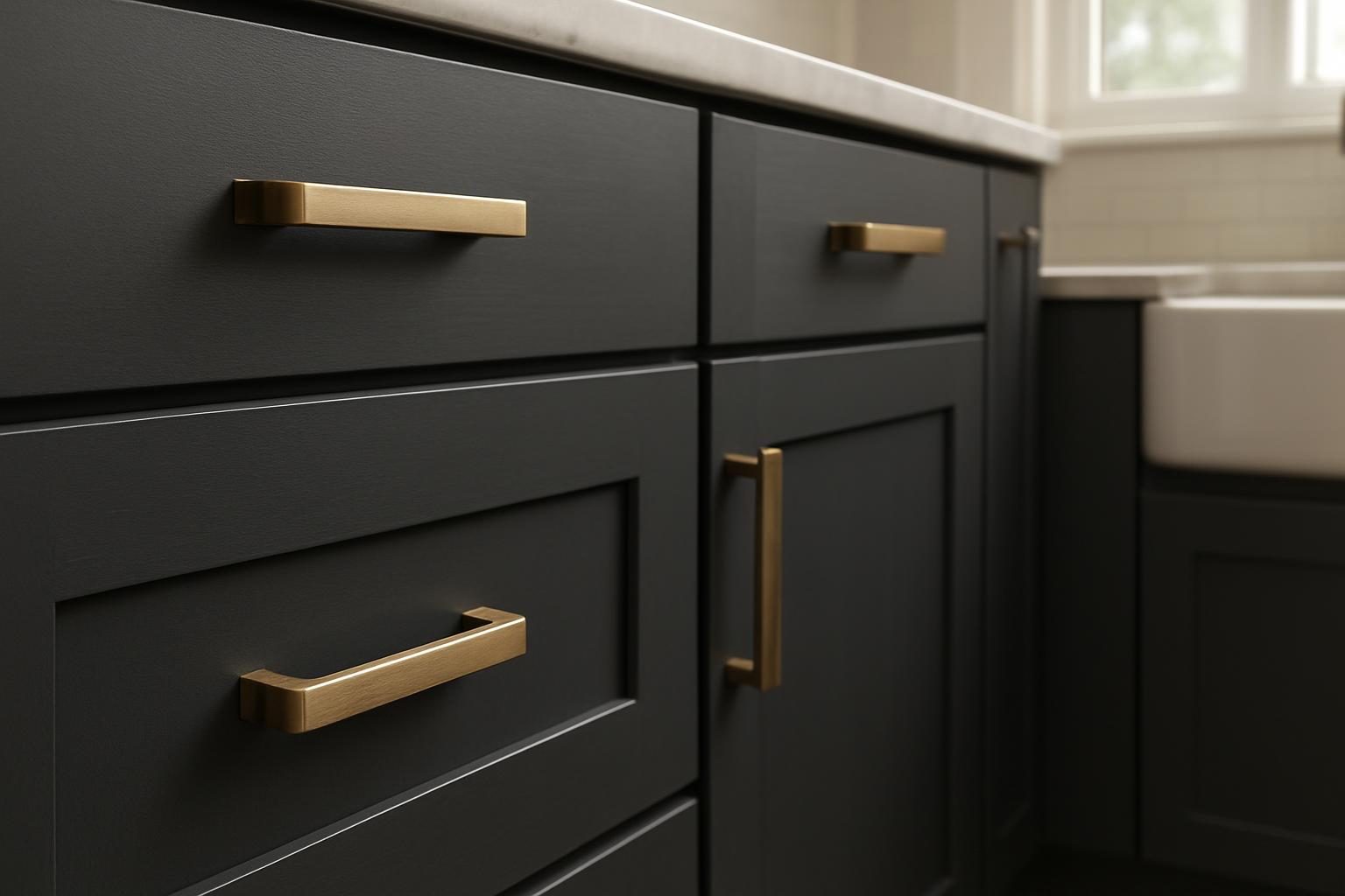 Charcoal cabinet doors with bronze pulls