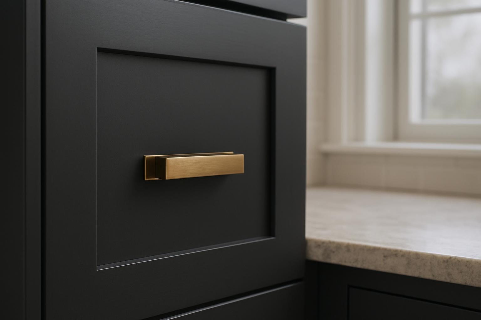 Charcoal cabinet door with bronze pull