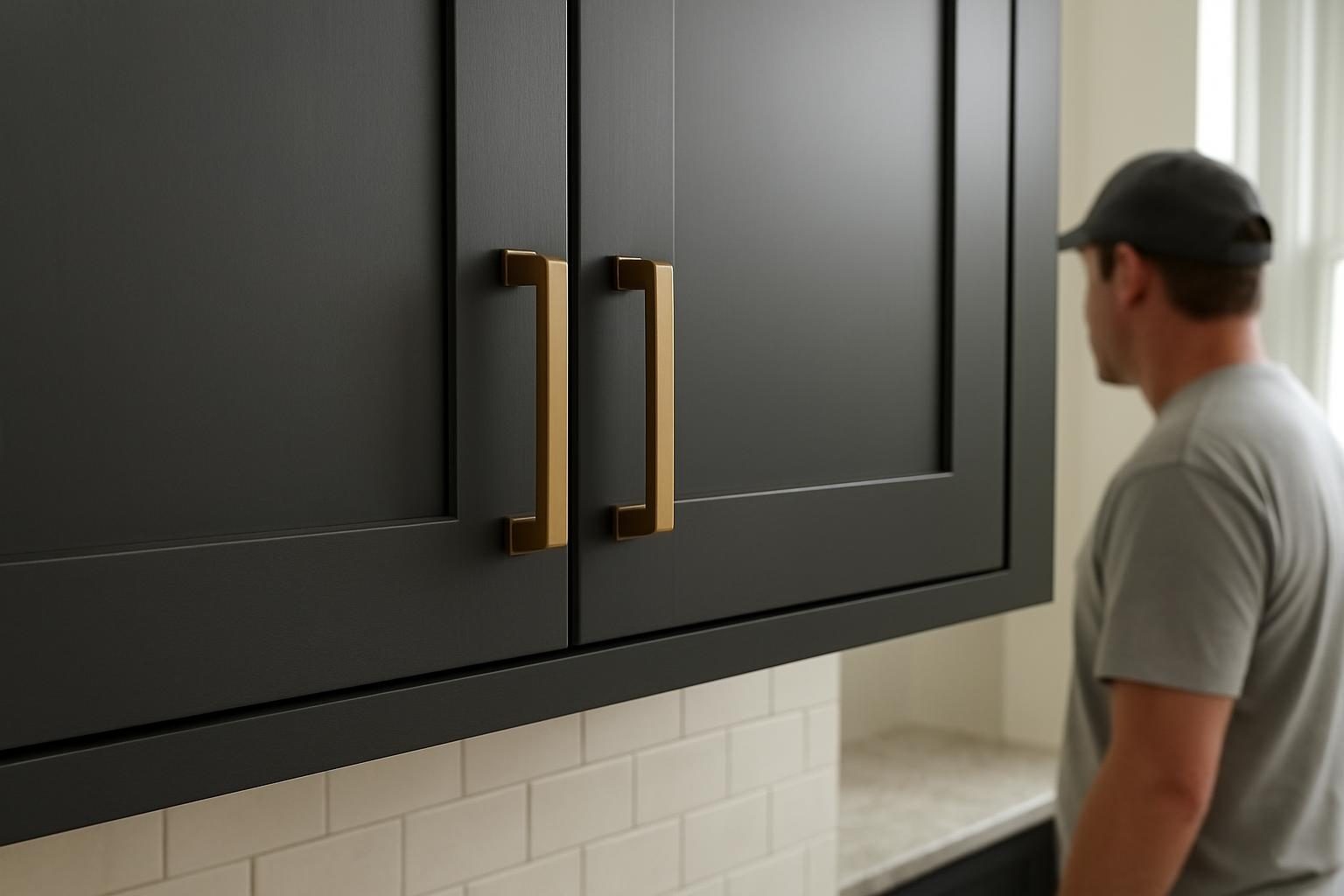 Charcoal cabinet doors with bronze pulls