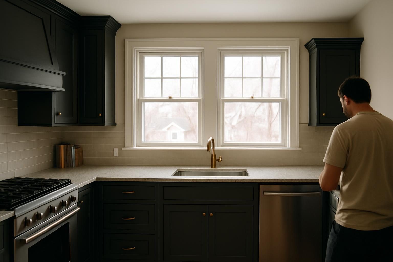 Charcoal-cabinet kitchen with stone counters and bronze hardware in a Belmont colonial