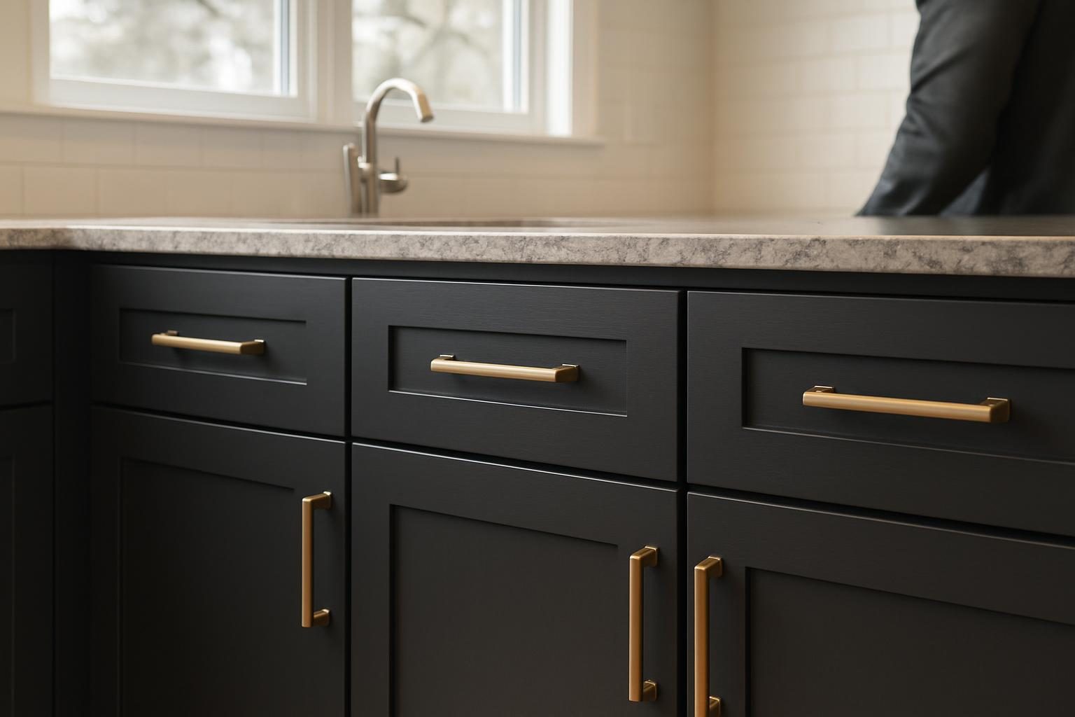 Charcoal cabinet doors with bronze pulls