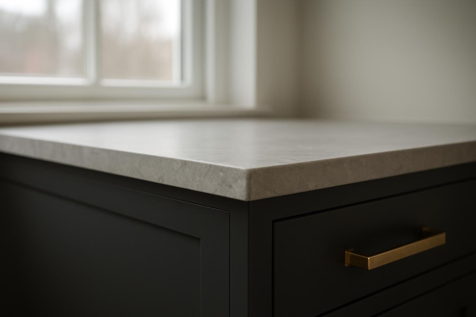 The edge of a grey quartz countertop on a charcoal cabinet