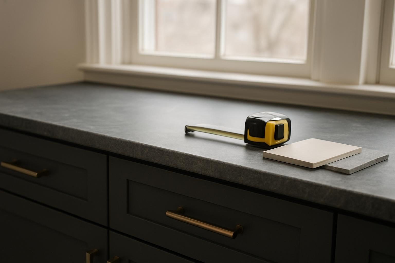 Grey soapstone countertop over charcoal cabinets with bronze pulls, a tape measure and material samples on the counter