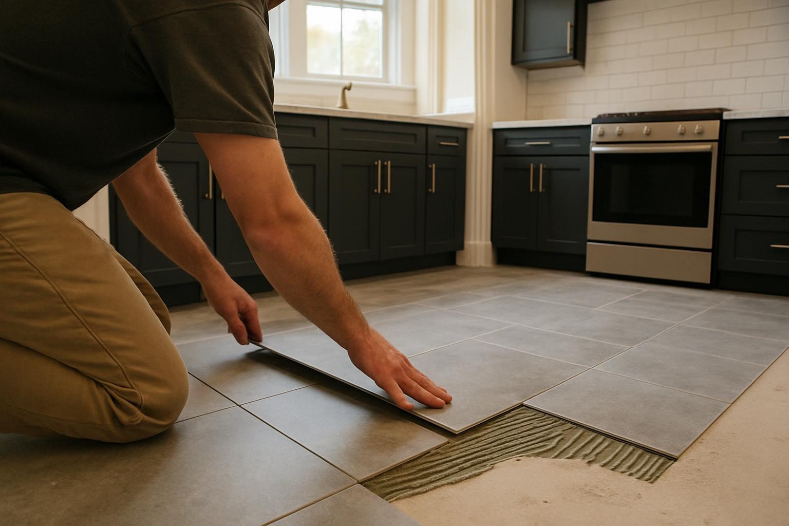 Grey porcelain floor tiles set in a kitchen