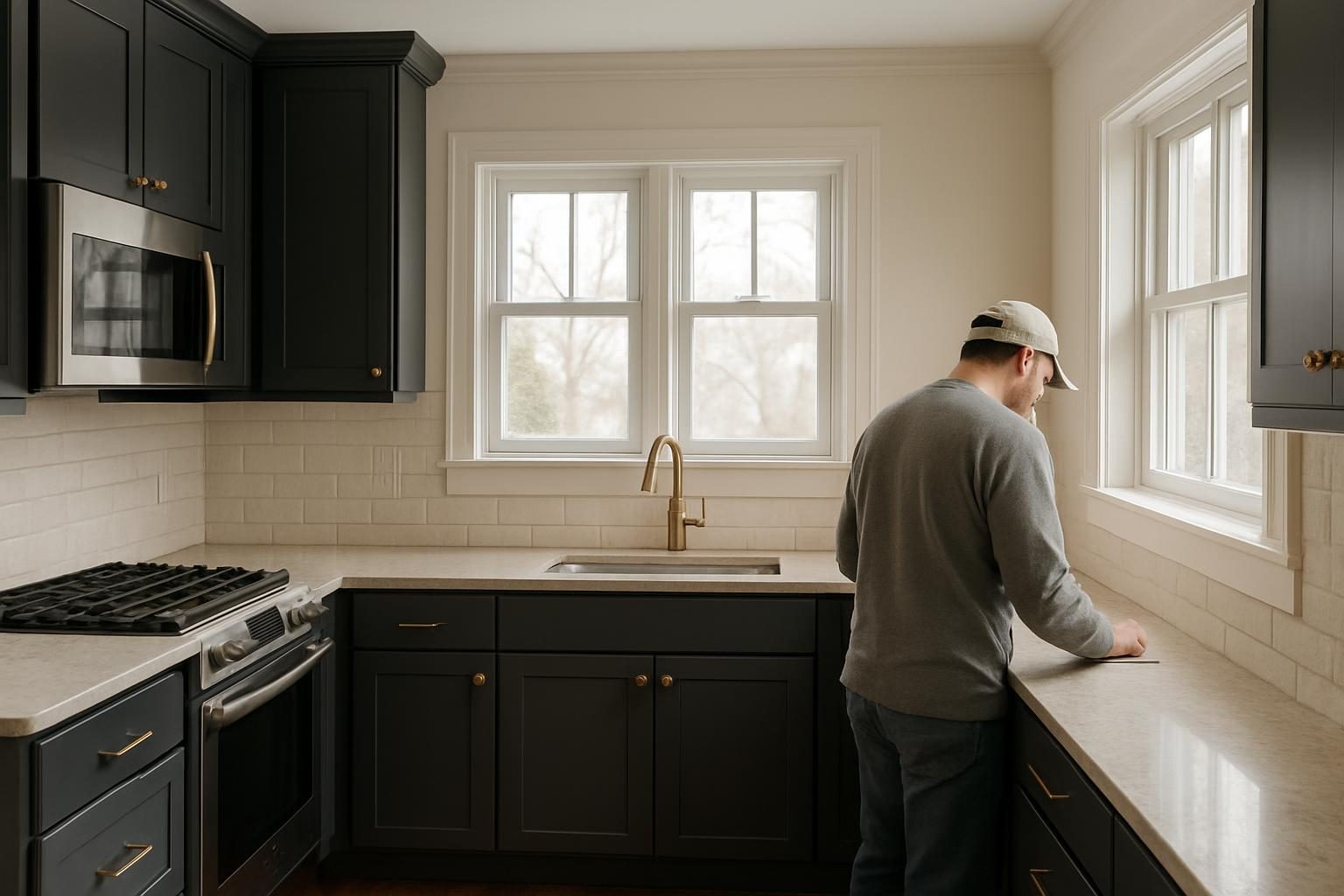 Kitchen with charcoal cabinets and bronze hardware in an older Lincoln home