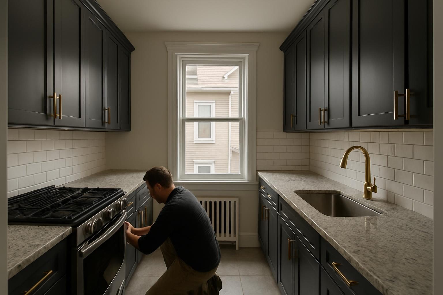 Galley kitchen with charcoal cabinets and bronze hardware in an older Malden house