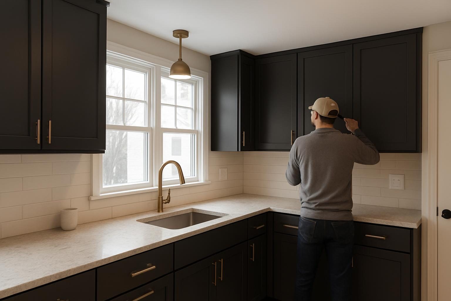 Remodeled kitchen with charcoal cabinets and stone counters in a mid-century Lexington home