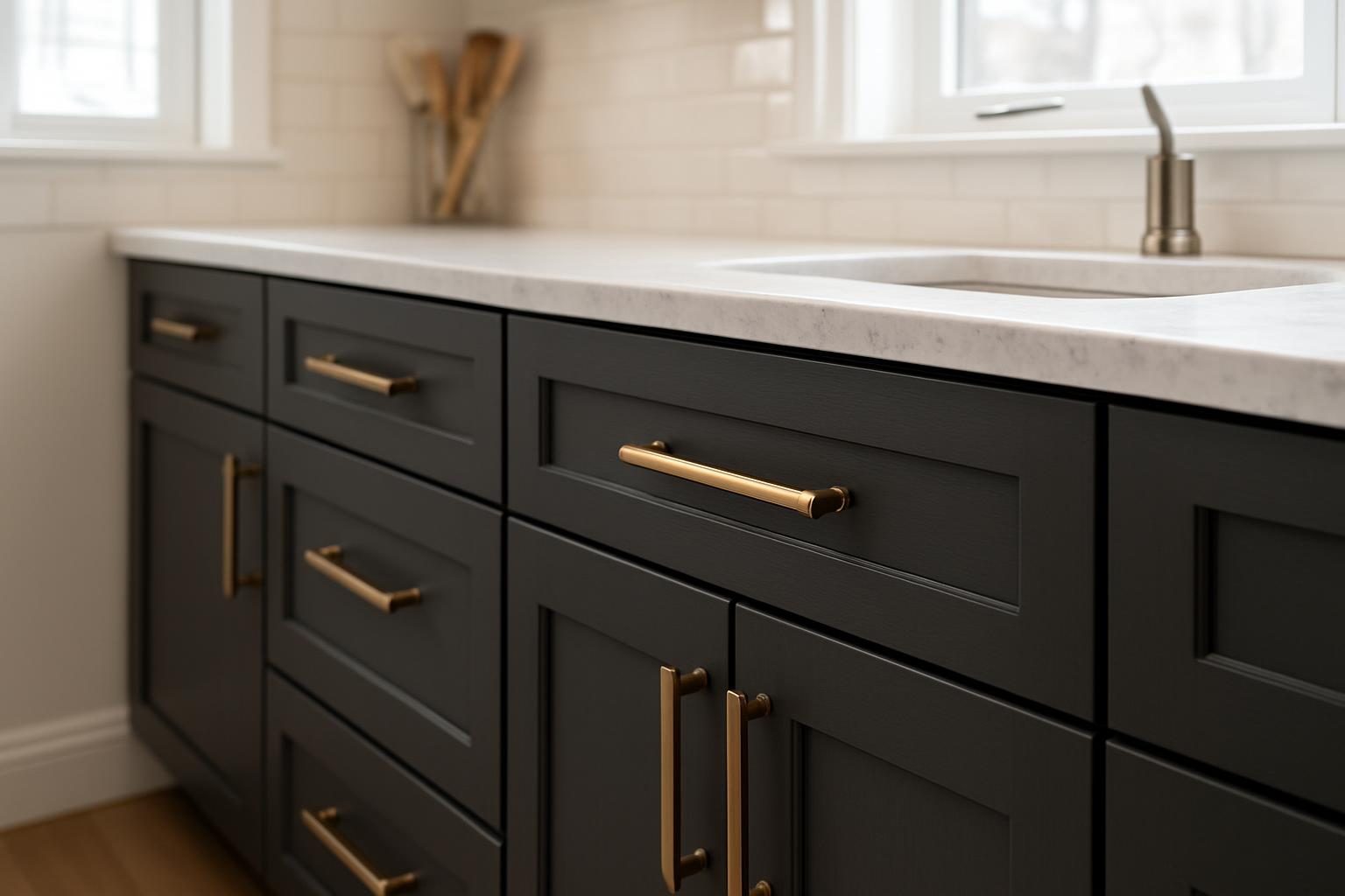 Charcoal cabinets with bronze pulls