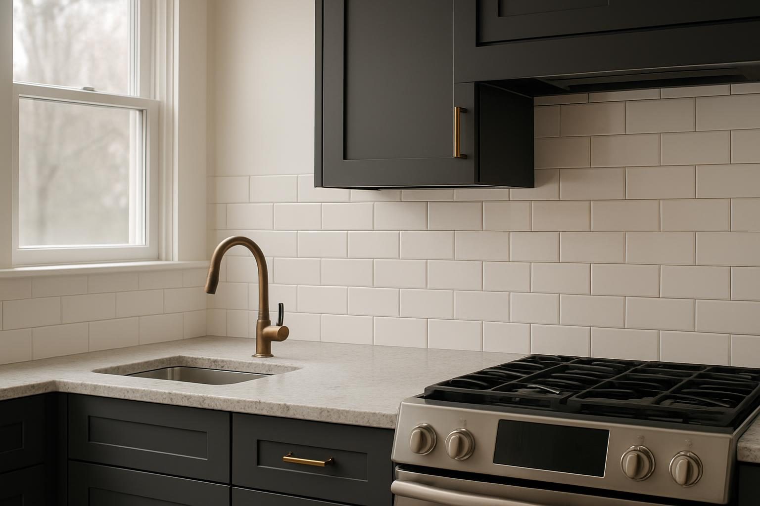 Tile backsplash behind a range with stone counter
