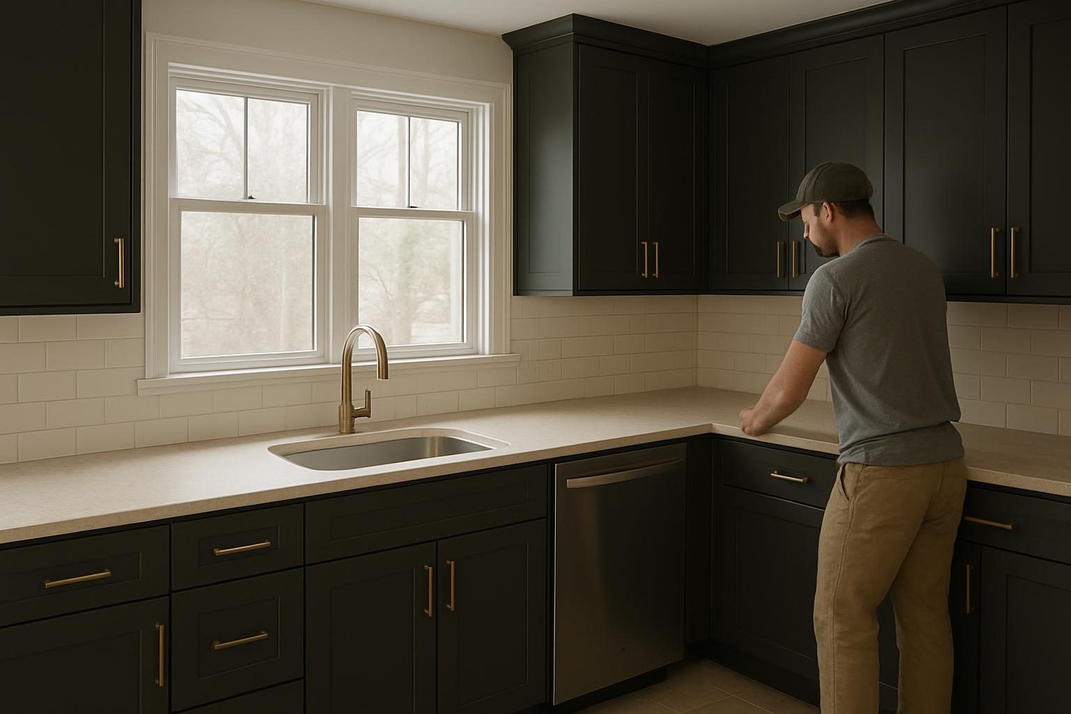 Remodeled ranch kitchen with charcoal cabinets and bronze hardware