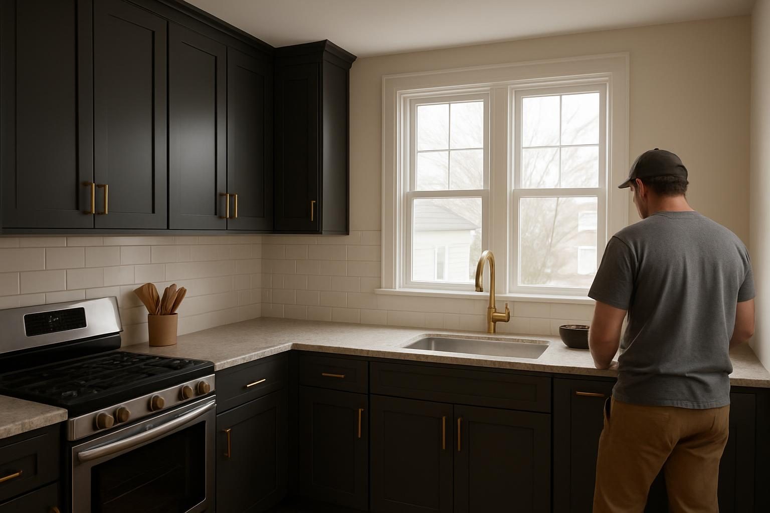 Kitchen with charcoal cabinets and bronze hardware in a New England house