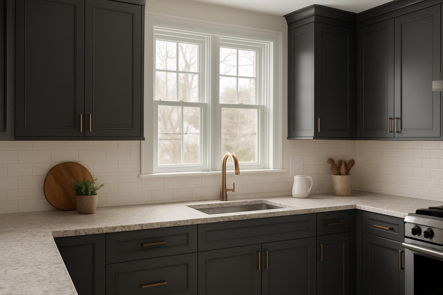 Remodeled kitchen with charcoal cabinets and brushed bronze hardware