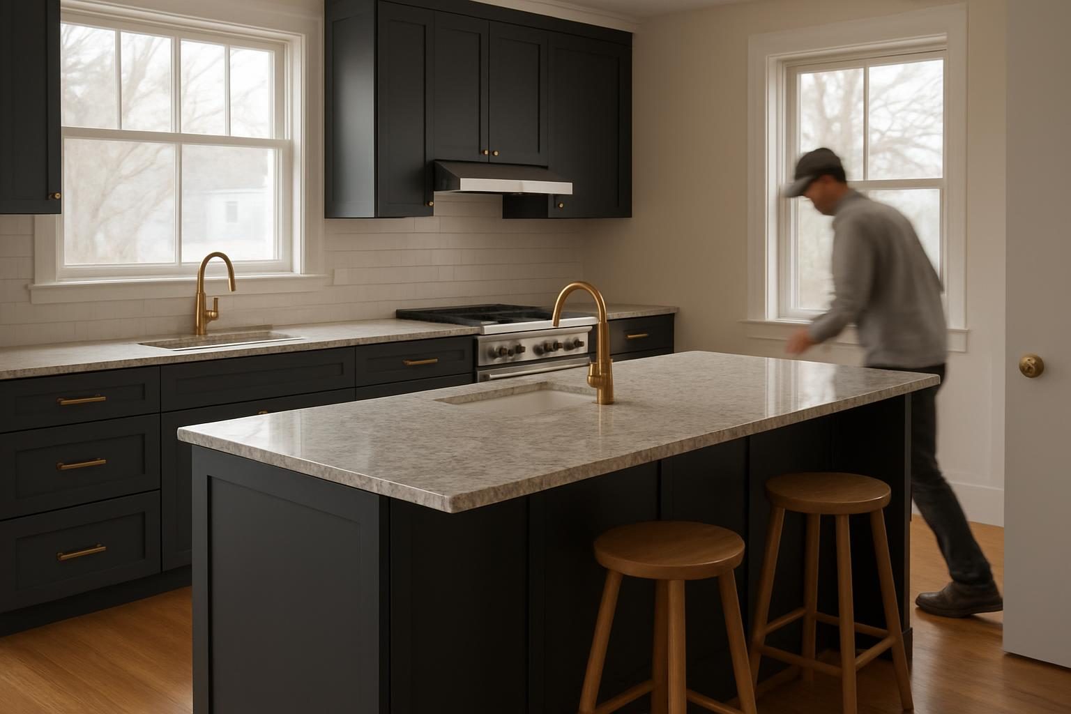 Island with stone top in a cape kitchen