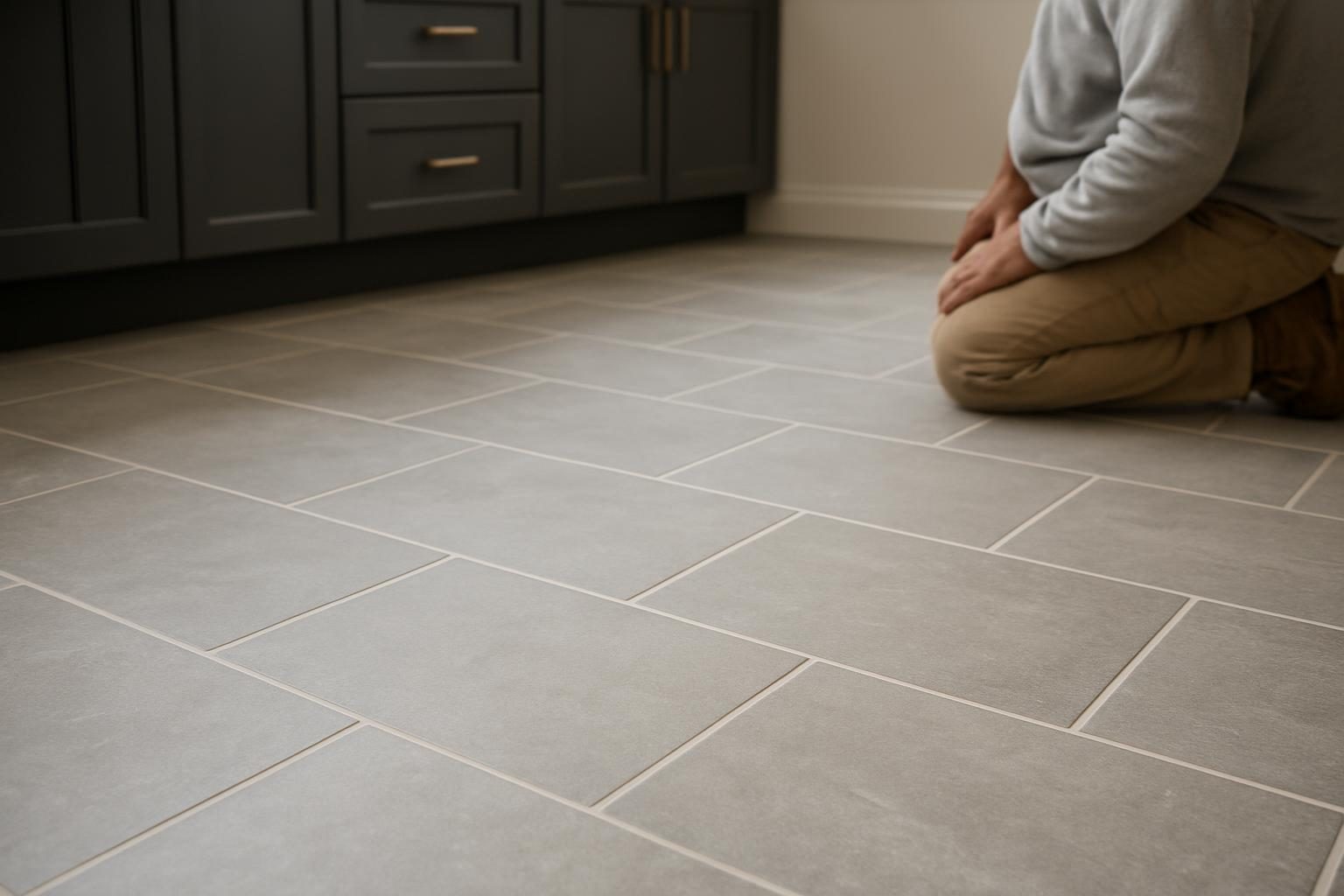 Grey porcelain kitchen floor tile close-up