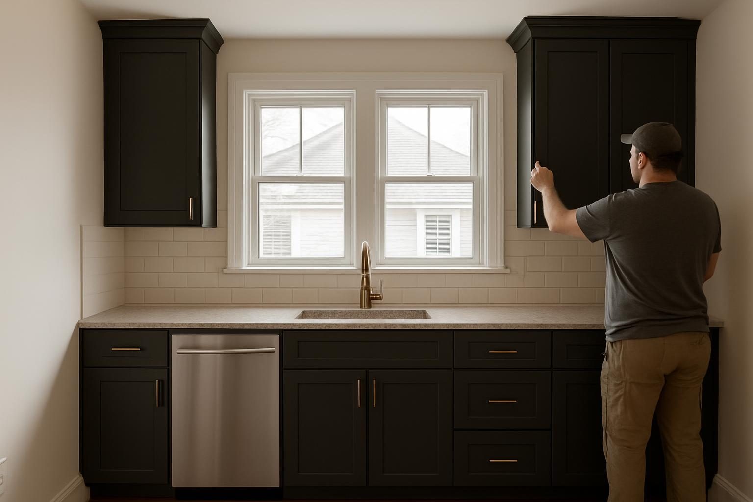 Charcoal-cabinet kitchen in an Arlington bungalow with bronze hardware