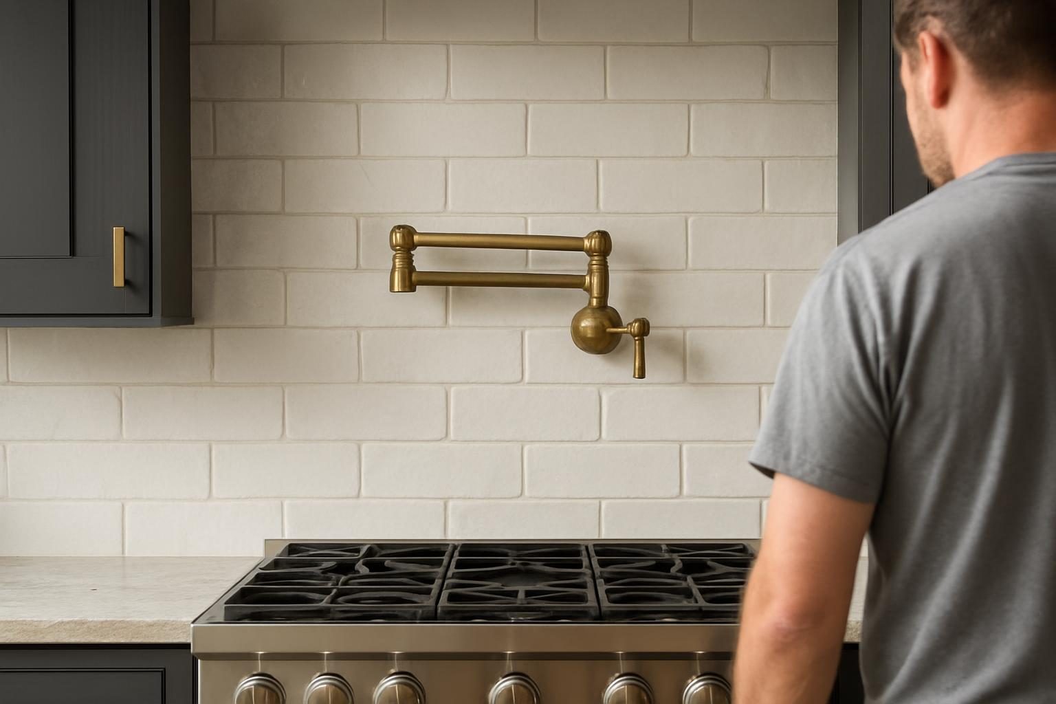 White tile backsplash behind a stove