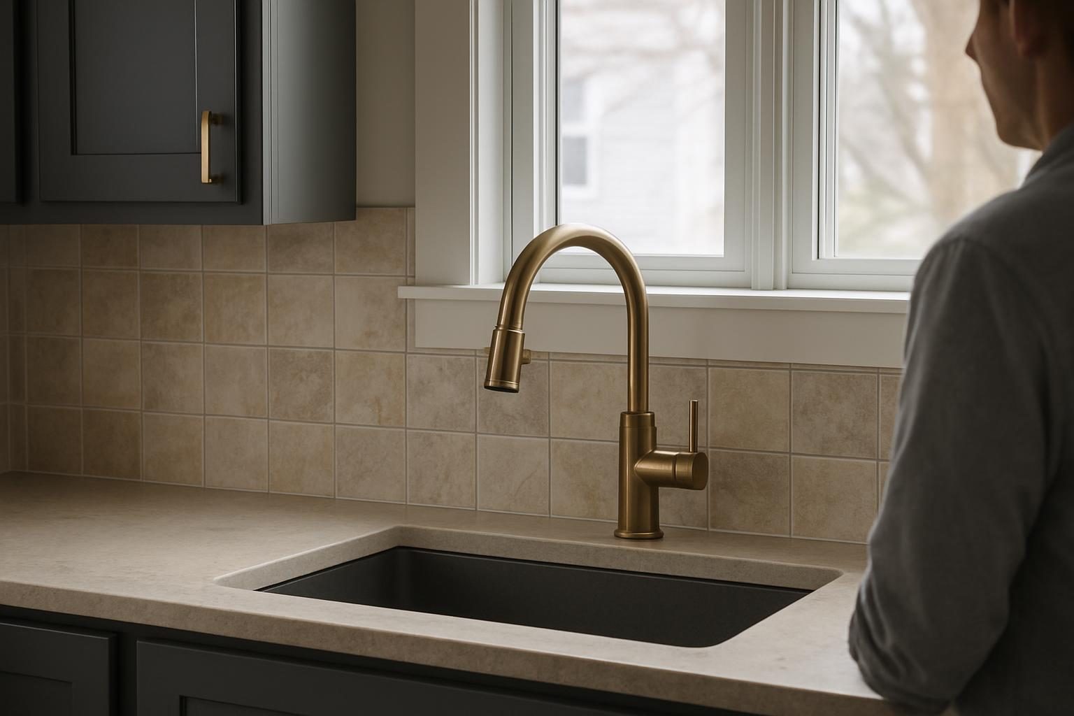 Tile backsplash with bronze faucet