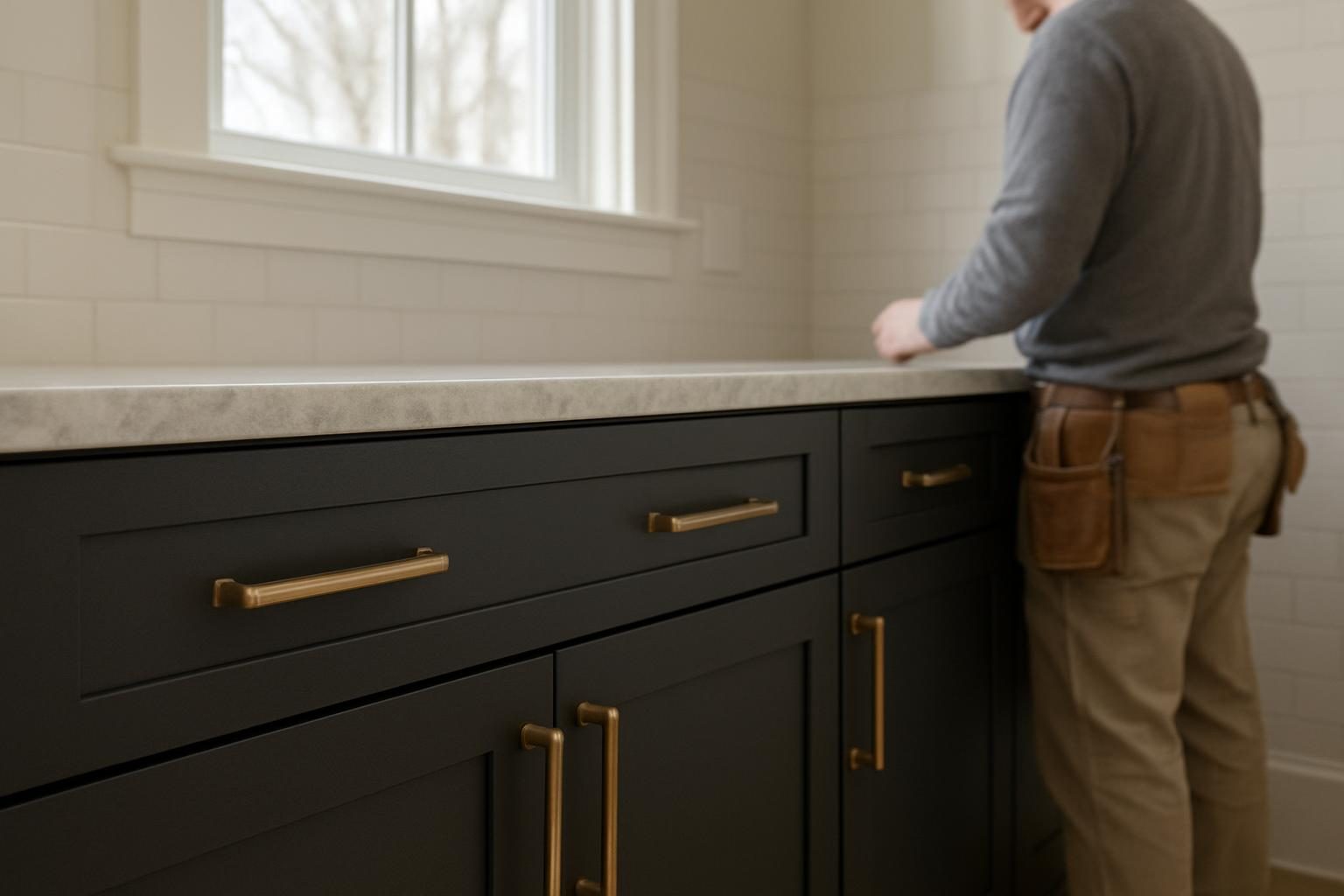 Charcoal cabinet doors with bronze pulls