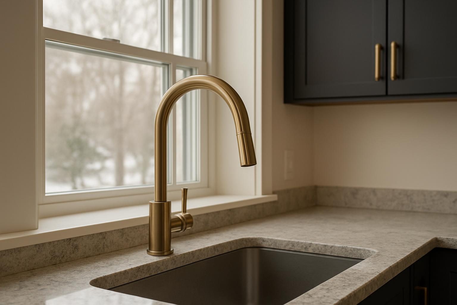 A brushed bronze faucet over an undermount sink by a window
