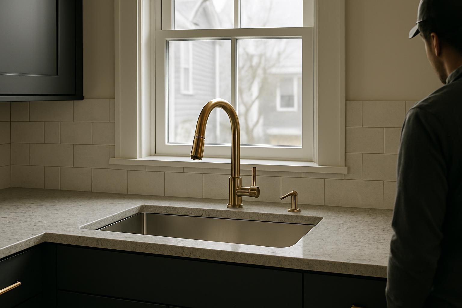 Kitchen sink with bronze faucet by a window