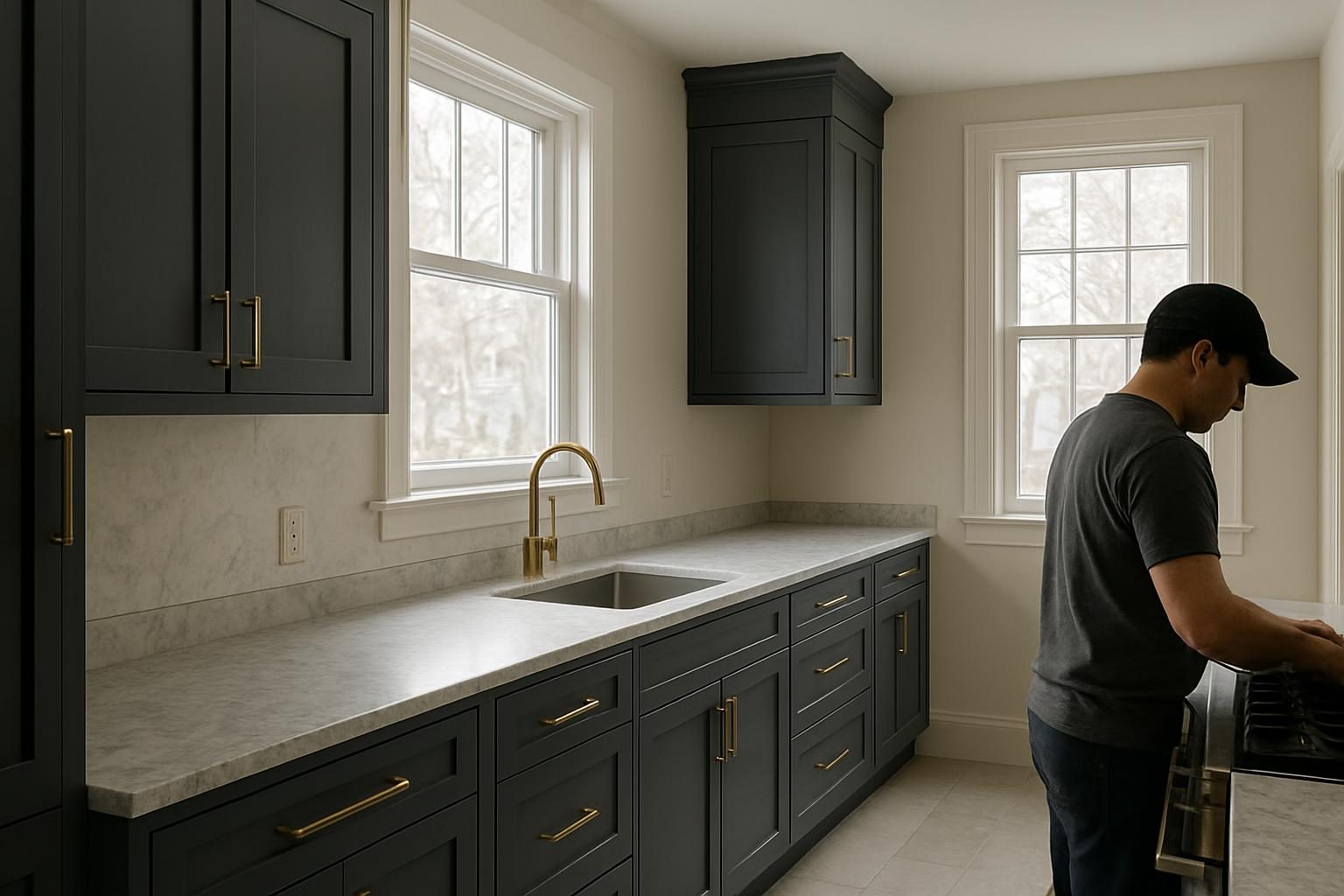 Charcoal kitchen cabinets with bronze hardware and stone countertops in soft morning light