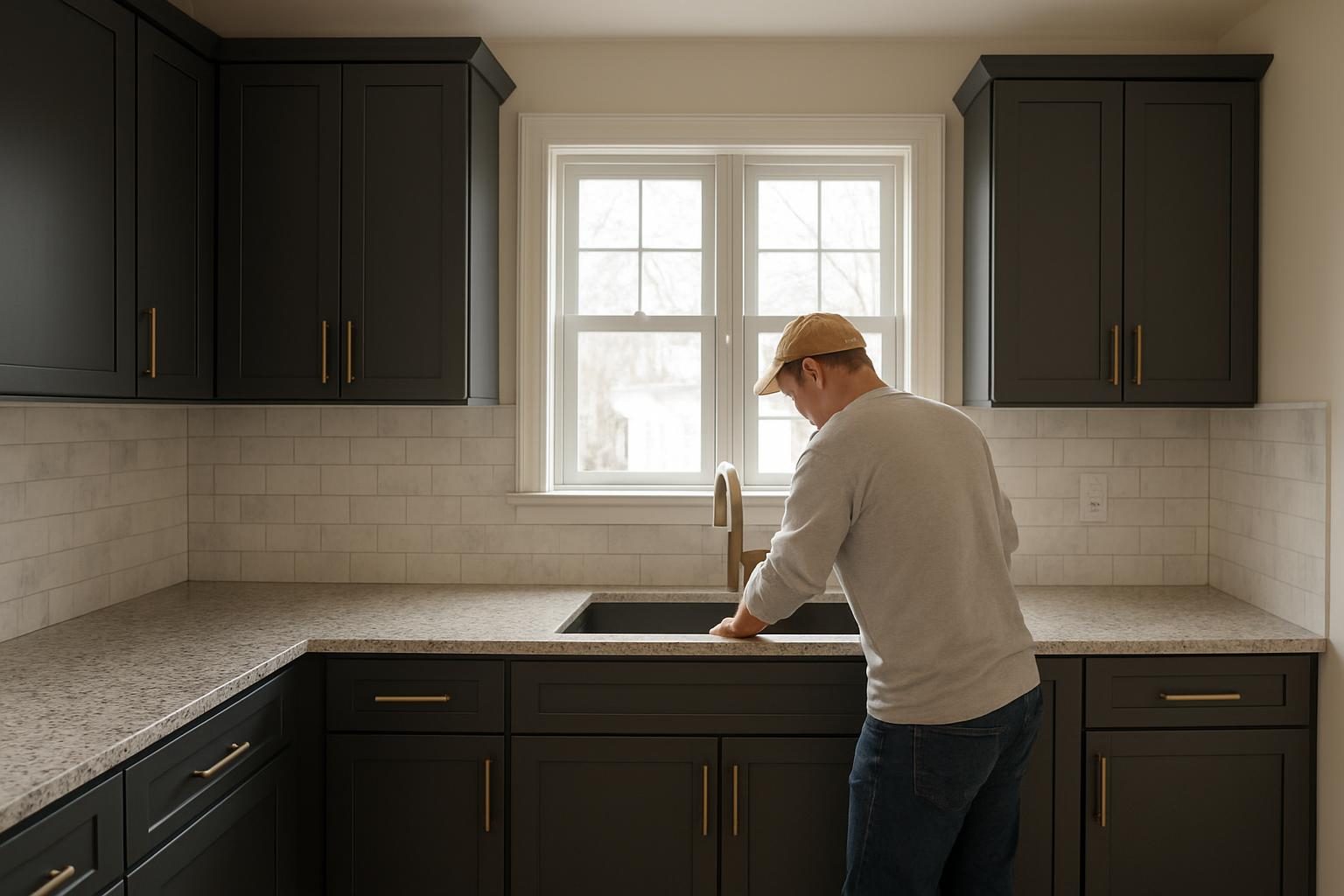 Remodeled kitchen with charcoal cabinets and bronze hardware in a Reading cape
