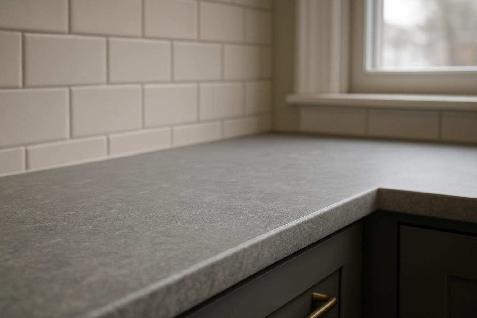 Grey stone countertop edge against a bare wall