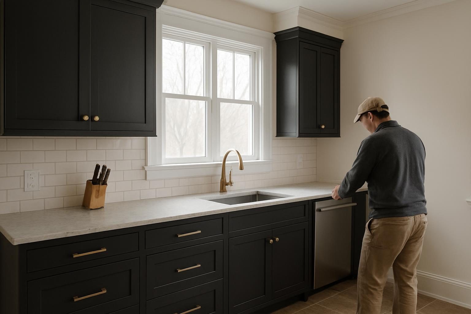 Kitchen with charcoal cabinets and bronze hardware in an older New England house
